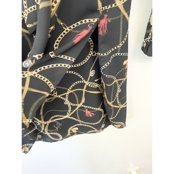 ZARA XSMALL BLACK HORSE CHAIN PRINT TIE NECK LONG OVERSIZED BLOUSE TOP XS - Picture 8 of 9